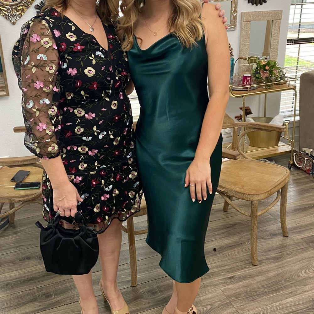 Emerald satin midi dress